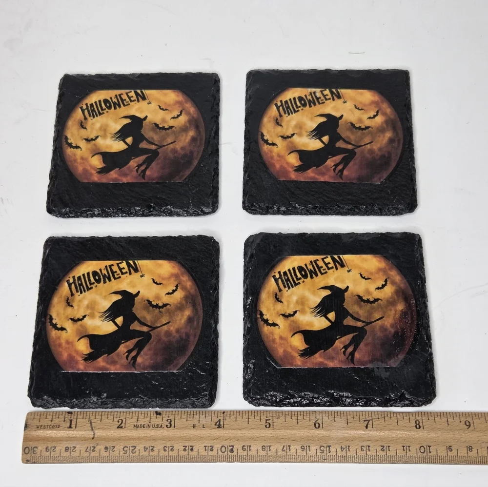 Halloween Whimsigoth Witch‎ Slate Coasters Black and Orange Flying On Broom - Picture 5 of 8